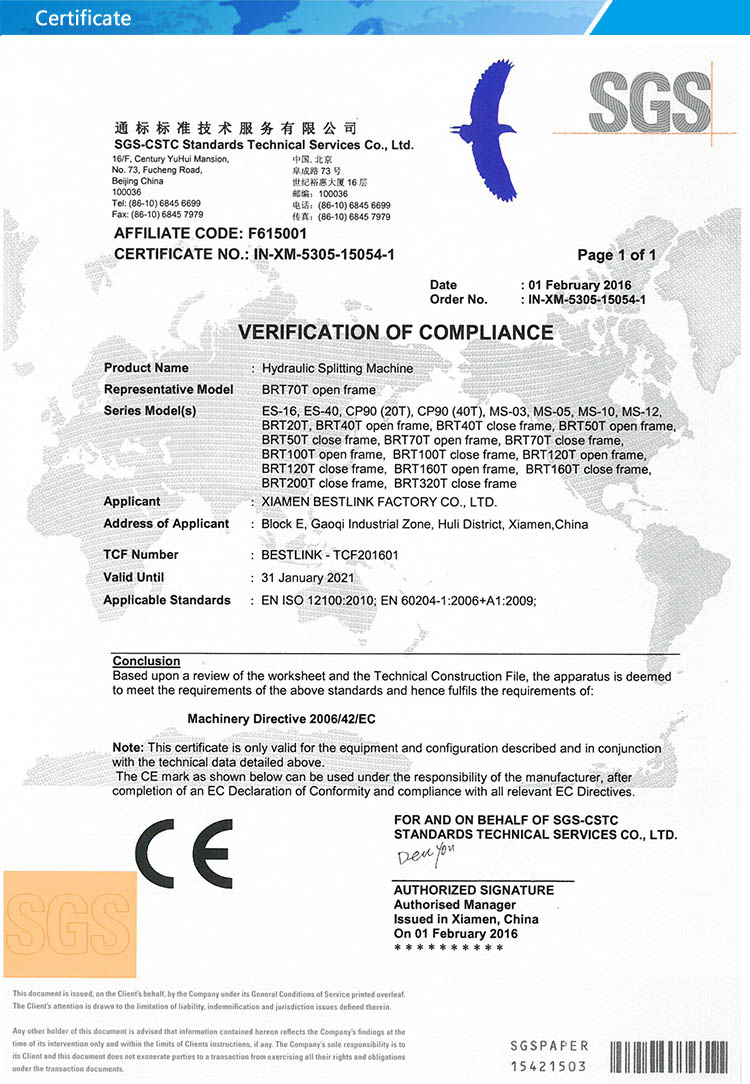 CE of Splitting Machine
